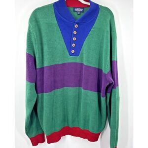 Vintage Lands End Color Block Sweater XL buttons Henley USA Cotton Green 80's‎